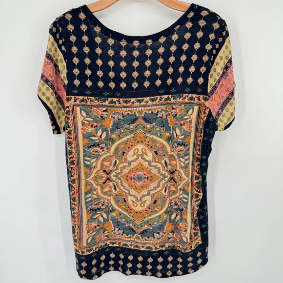 Lucky Brand Womens Boho Print Short Sleeve Top Gold blue medallion size 1X plus - Picture 10 of 13